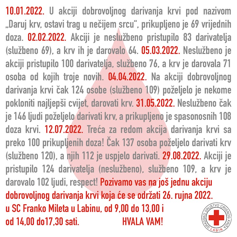 [OBAVIJEST] Akcija dobrovoljnog darivanja krvi u Labinu 26.9.2022. (Ponedjeljak)