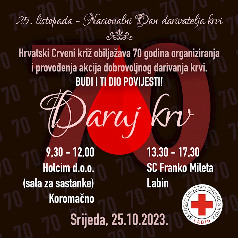 [NAJAVA] Akcija dobrovoljnog darovanja krvi u Labinu i Koromačnu 25.10.2023. na Dan darivatelja krvi