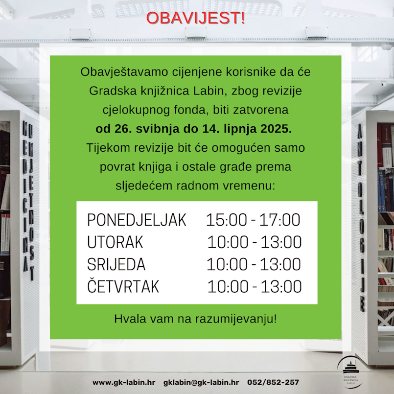 Gradska knjižnica zatvorena od 26. svibnja do 14. lipnja zbog inventure