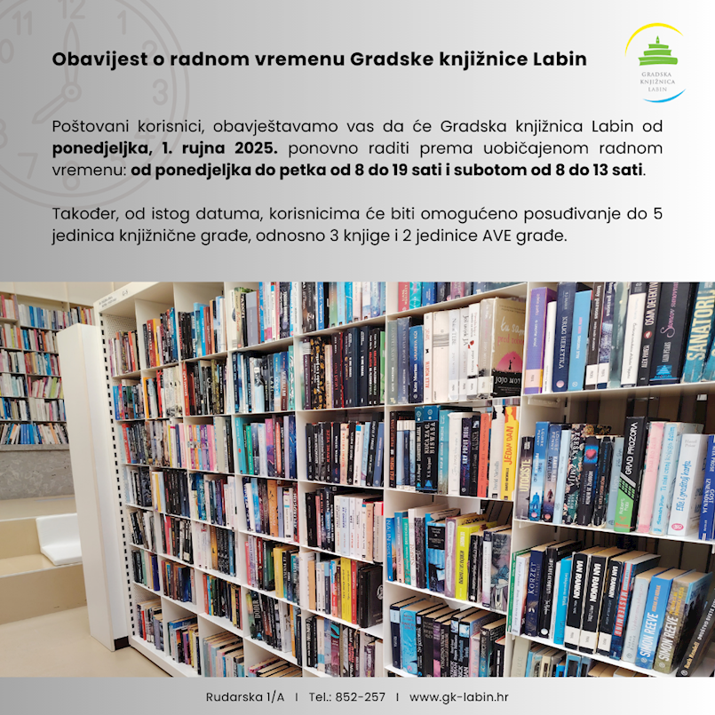 Obavijest o radnom vremenu Gradske knjižnice Labin