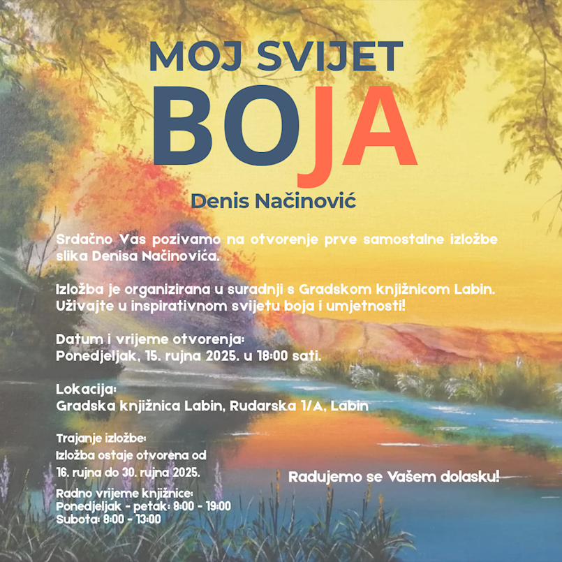 Poziv na otvorenje prve samostalne izložbe - Denis Načinović @ Gradska knjižnica Labin 15. 9. 2025. 