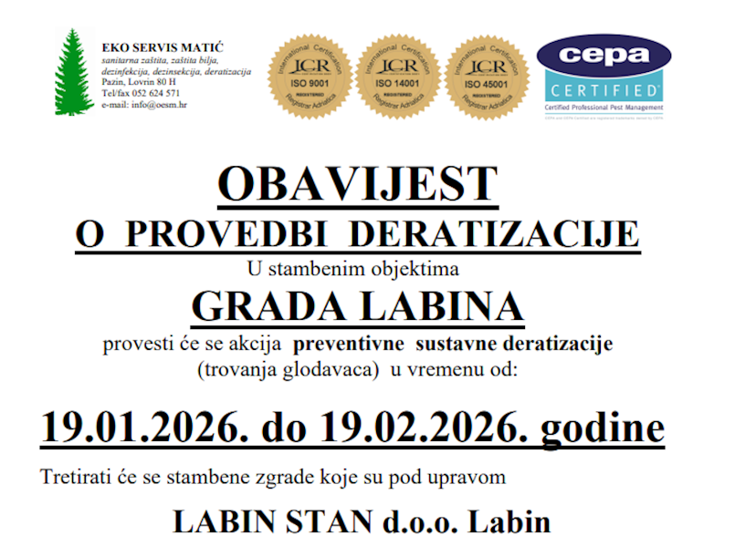 Obavijest o provedbi deratizacije u stambenim zgradama pod upravom Labin stana d.o.o.