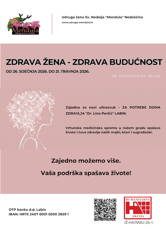 Udruga „Mendula“ pokreće veliku humanitarnu akciju "Zdrava žena – zdrava budućnost“  za nabavu medicinskog uređaja  - ultrazvuka za potrebe ginekoloških ambulanata Doma zdravlja  „Dr. Lino Peršić“ u Labinu