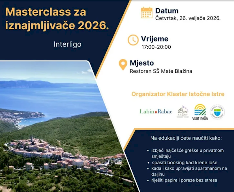 Klaster Istočne Istre - poziv na besplatnu edukaciju za iznajmljivače u domaćinstvu