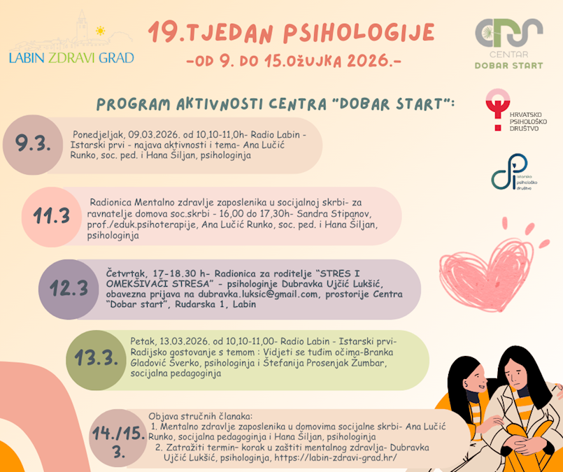 Centar „Dobar start“ poziva roditelje na radionicu „STRES I OMEKŠIVAČI STRESA“ i sve građane da poprate ostale aktivnosti u Tjednu psihologije