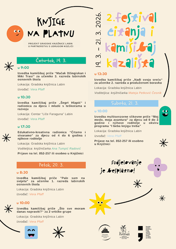 [NAJAVA] „Knjige na platnu“ – 2. festival čitanja i kamišibaj kazališta u Gradskoj knjižnici Labin 19. - 21. 3. 2026.