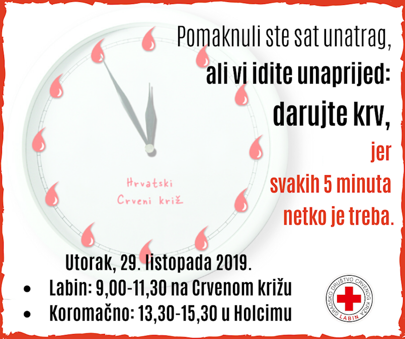 [NAJAVA] Akcija dobrovoljnog darivanja krvi u Labinu i Koromačnu 29. 10. 2019. utorak