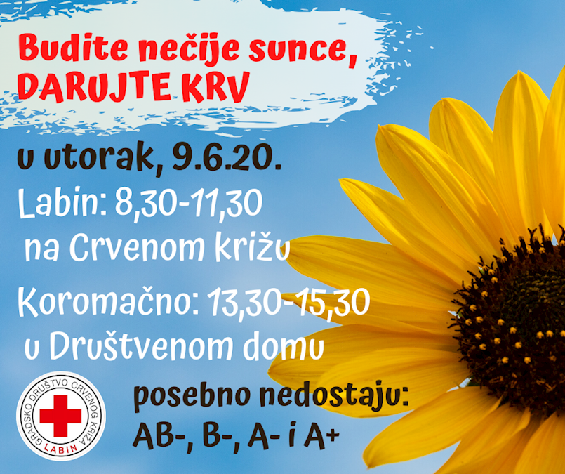 [NAJAVA] Akcija dobrovoljnog darivanja krvi u utorak 9. lipnja 2020. godine u Labinu i Koromačnu