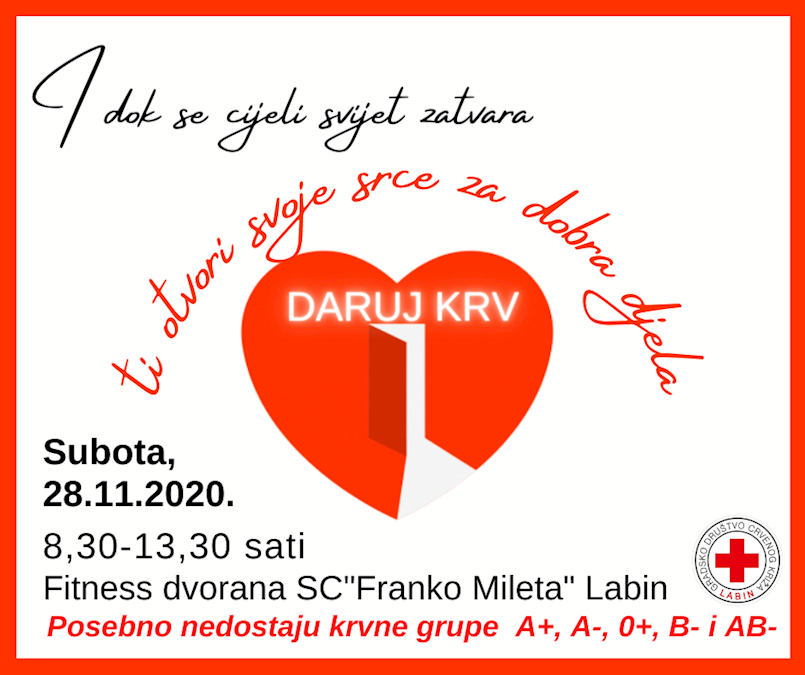 [NAJAVA] Akcija dobrovoljnog darivanja krvi u Labinu u subotu 28. 11. 2020. 