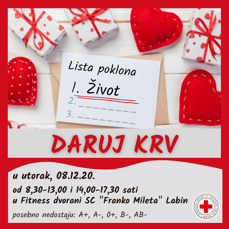 [NAJAVA] Posljednja akcija dobrovoljnog darivanja krvi u Labinu 8. 12. 2020. godine