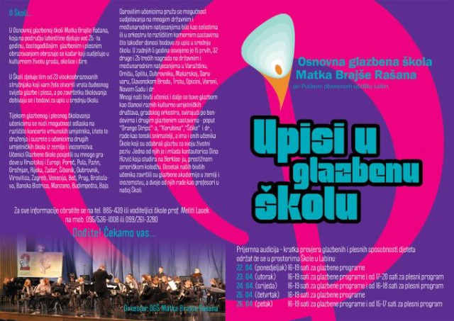 Najava upisa u osnovnu glazbenu školu Matka Brajše Raša pri POU Labin 22. 26. .04. 2013.