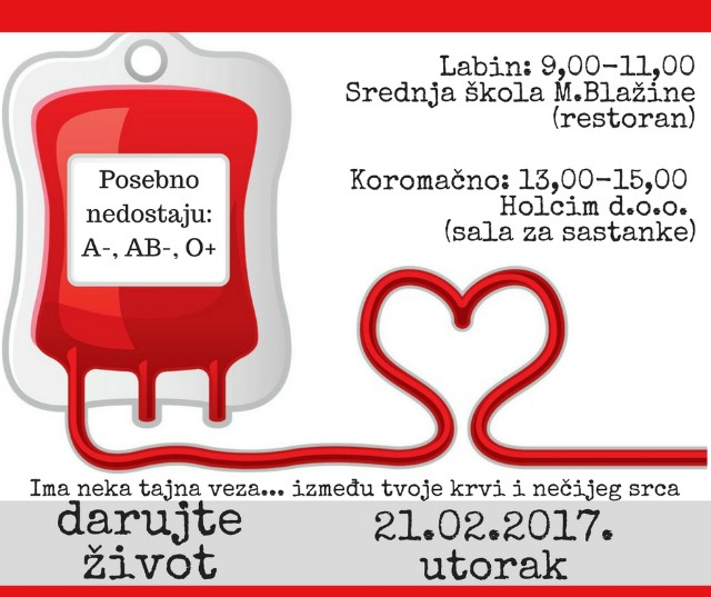 Najava: akcija darivanja krvi u Labinu i Koromačnu 21.2.2017.
