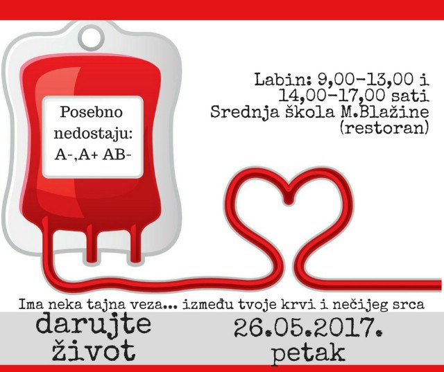 [NAJAVA] Akcija dobrovoljnog darivanja krvi u Labinu 26.05.2017. - Posebno nedostaju krvne grupe A+, A- AB-